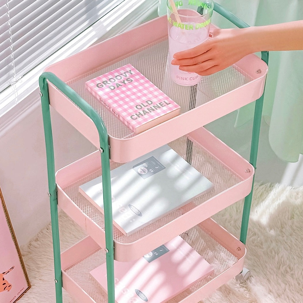 Durable pink 3-layer trolley for kitchen and bathroom storage