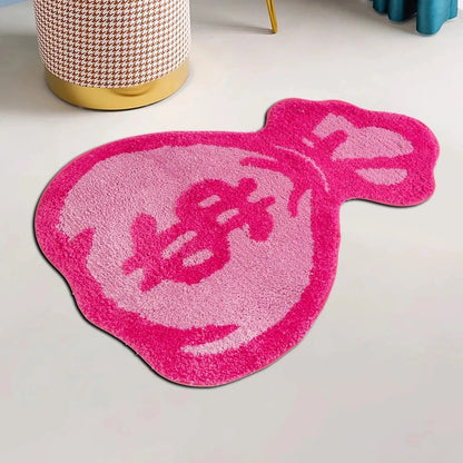 Chic tufted rug in pink with money bag design, ideal for game room and bedroom decor.