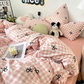 Soft pink bedding set with bowknot and checkered pattern