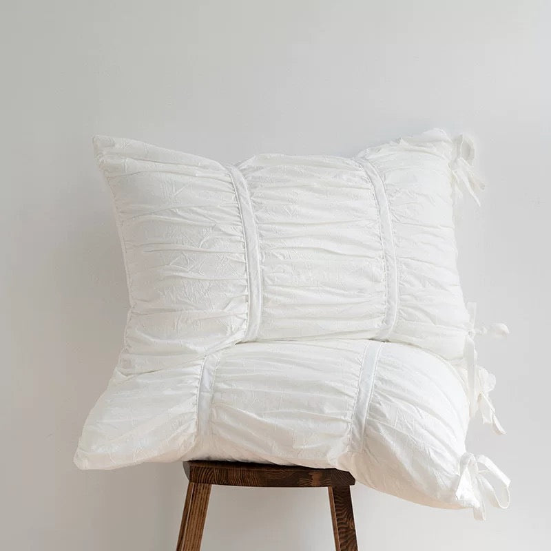 Cream pleated pillow cover in 100% cotton, aesthetic cottagecore dorm room accessory.