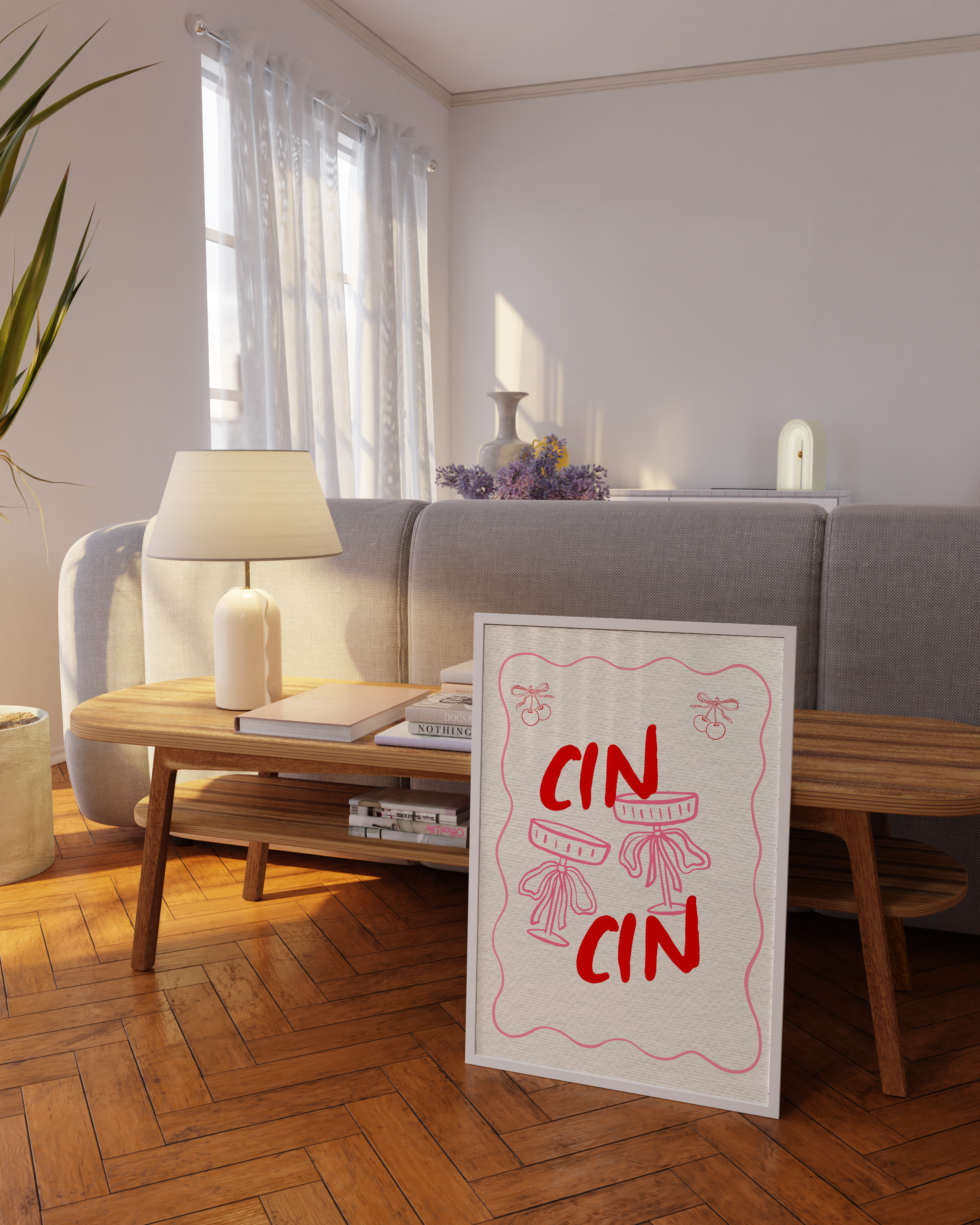 Martini glass art with 'Cin Cin' lettering in playful coquette style, ideal for girl dinner setup