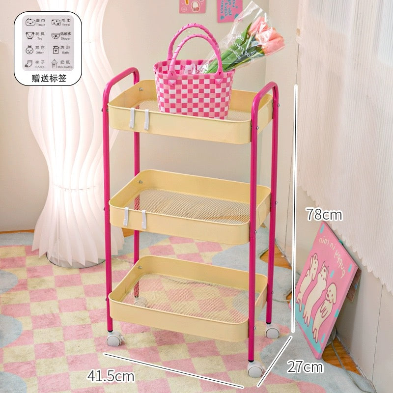 Trendy pink mobile shelf for bathroom and kitchen essential