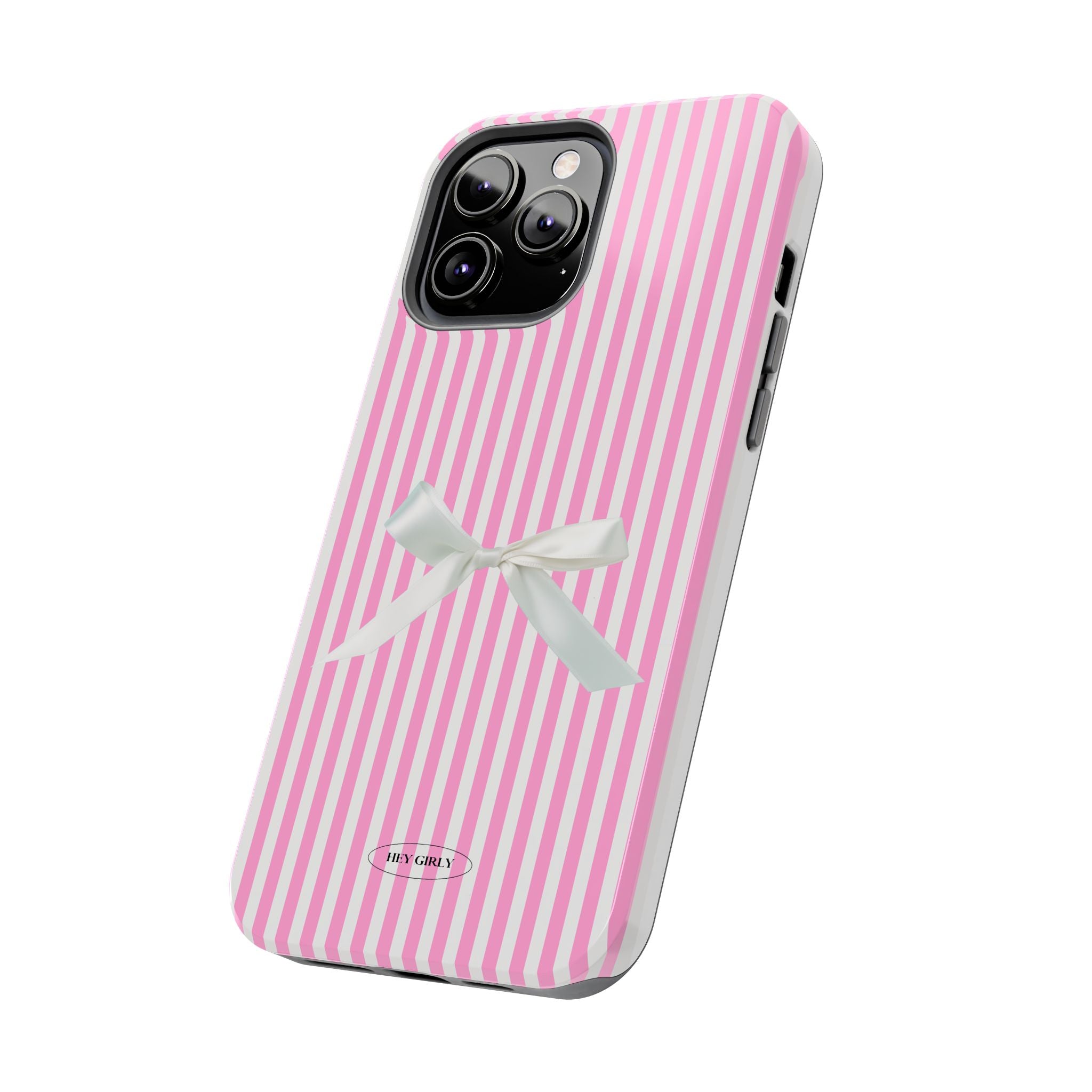 Pink striped iPhone case with elegant 3D pink bow in preppy aesthetic