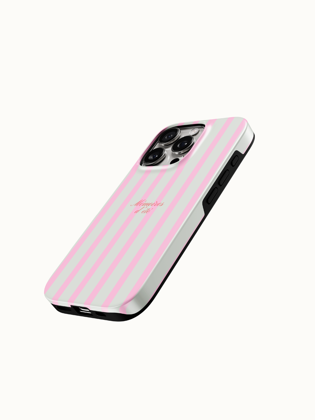 Pink striped phone case close up of the Memoires d'Ete summer memories script print, glossy preppy aesthetic case from The Feelz