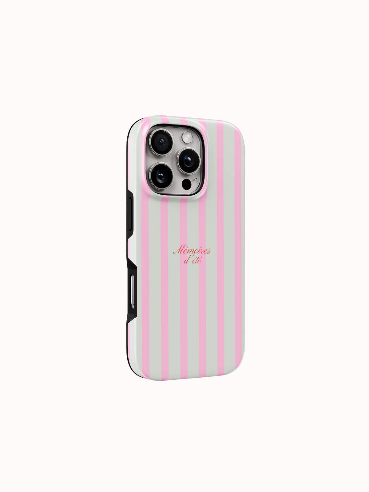 Pink striped phone case close up of the raised bezel and glossy edge, tough pink iPhone case by The Feelz