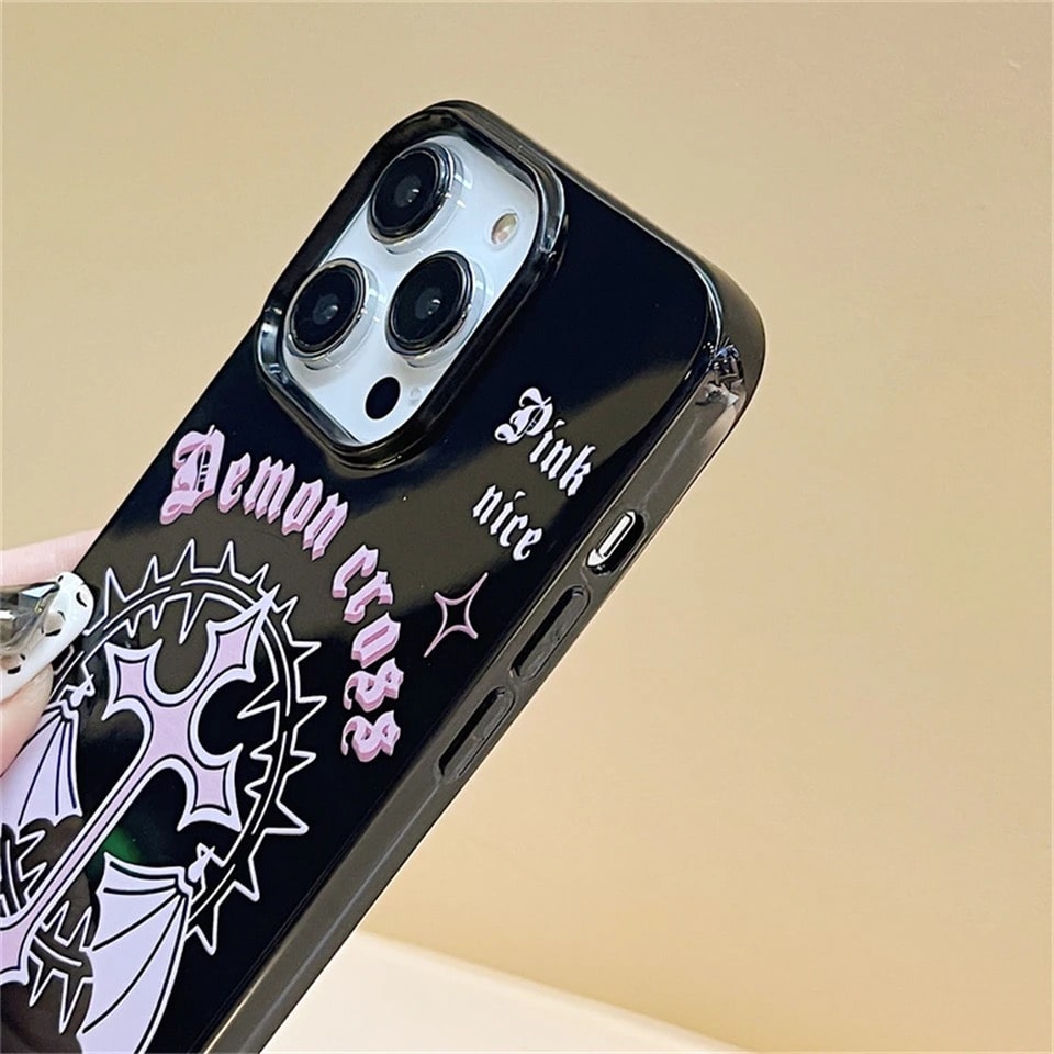 Shockproof gothic phone case with pink wings. Y2K grunge black rubber cover for iPhone 11, 12, 13, 14, and 15 Pro Max.