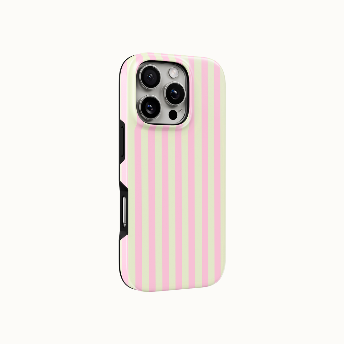 A protective phone case with vertical pink and pale green stripes, shown on a light off-white background.