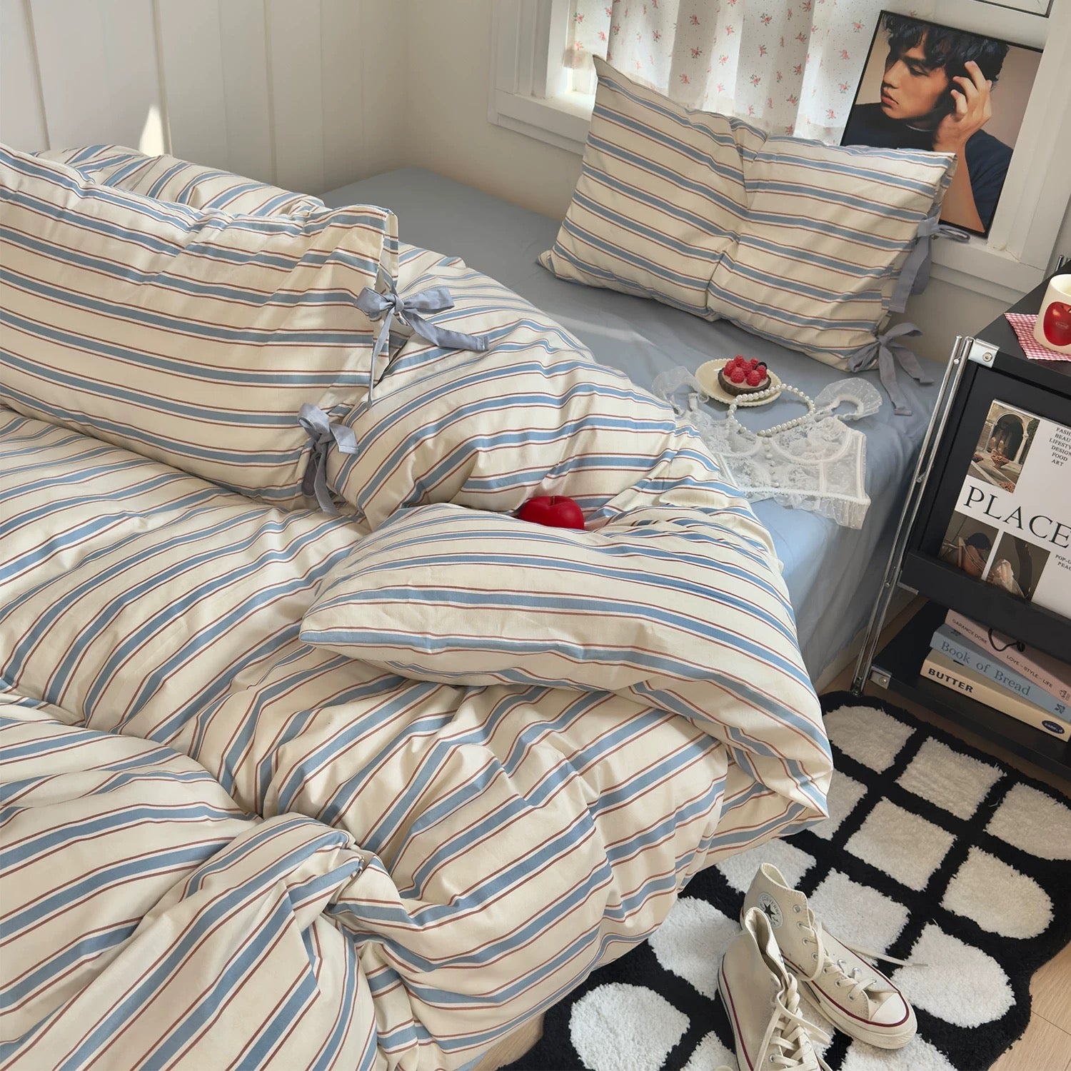Blue and white duvet styled in Pinterest-inspired room