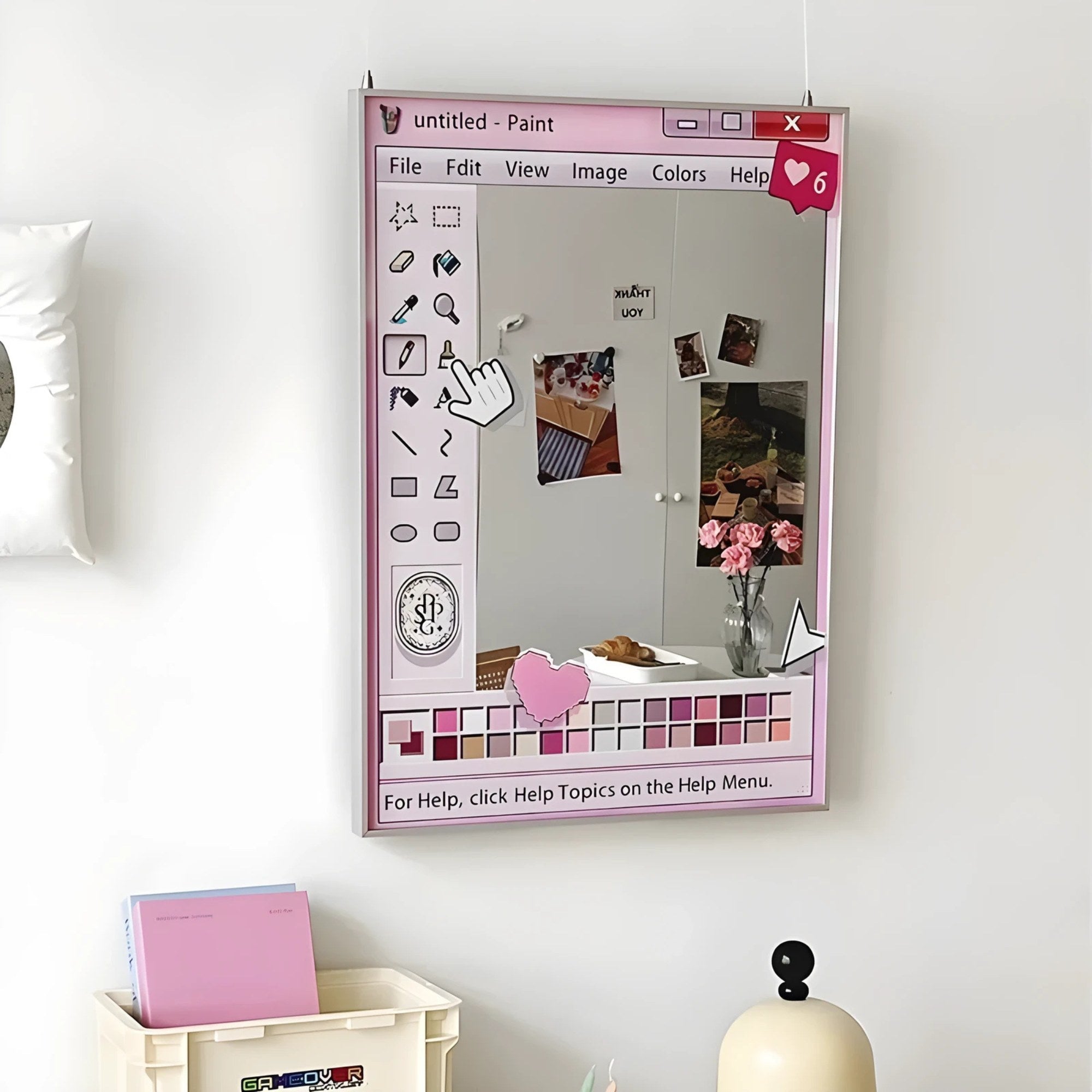 Unique retro nostalgia wall mirror with soft girl pastel accents, ideal for Gen Z bedroom makeovers in Canada