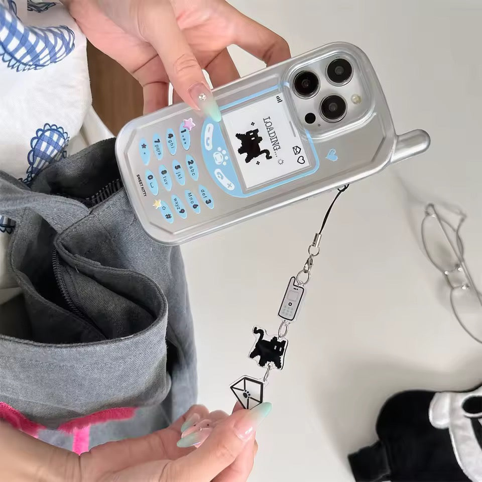 Phone case with a retro design held by a person, with a background of clothing and accessories.