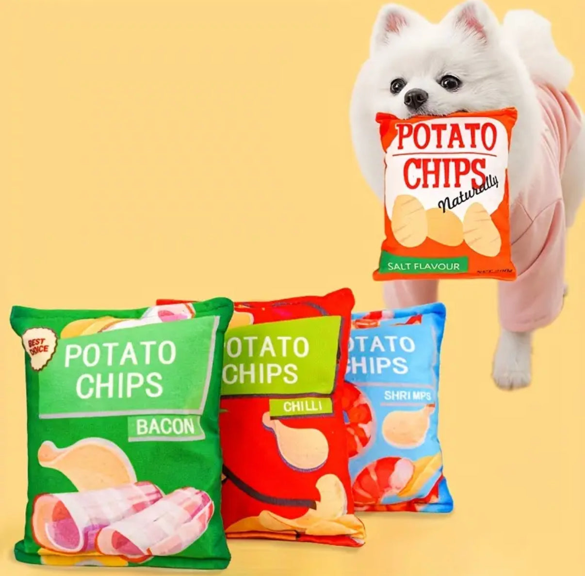 Funny potato chip dog toy for playful small breeds
