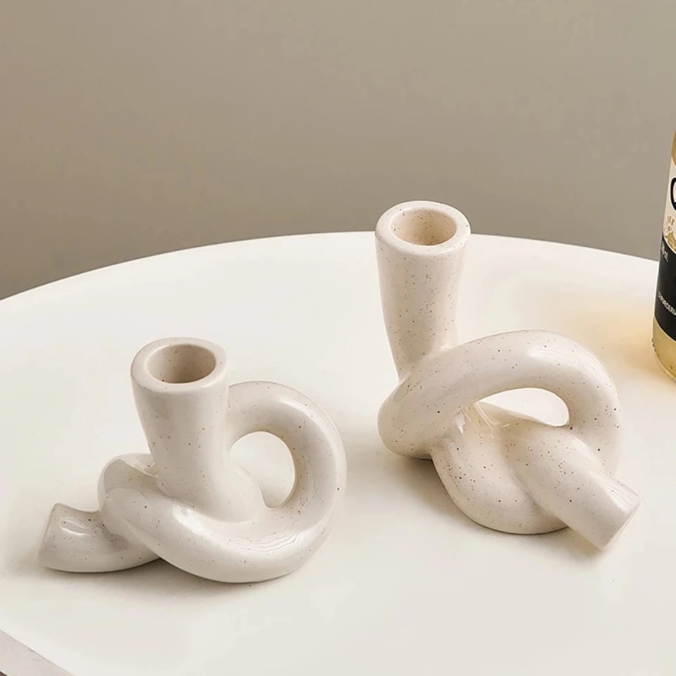 Elegant handmade white ceramic candlestick holder