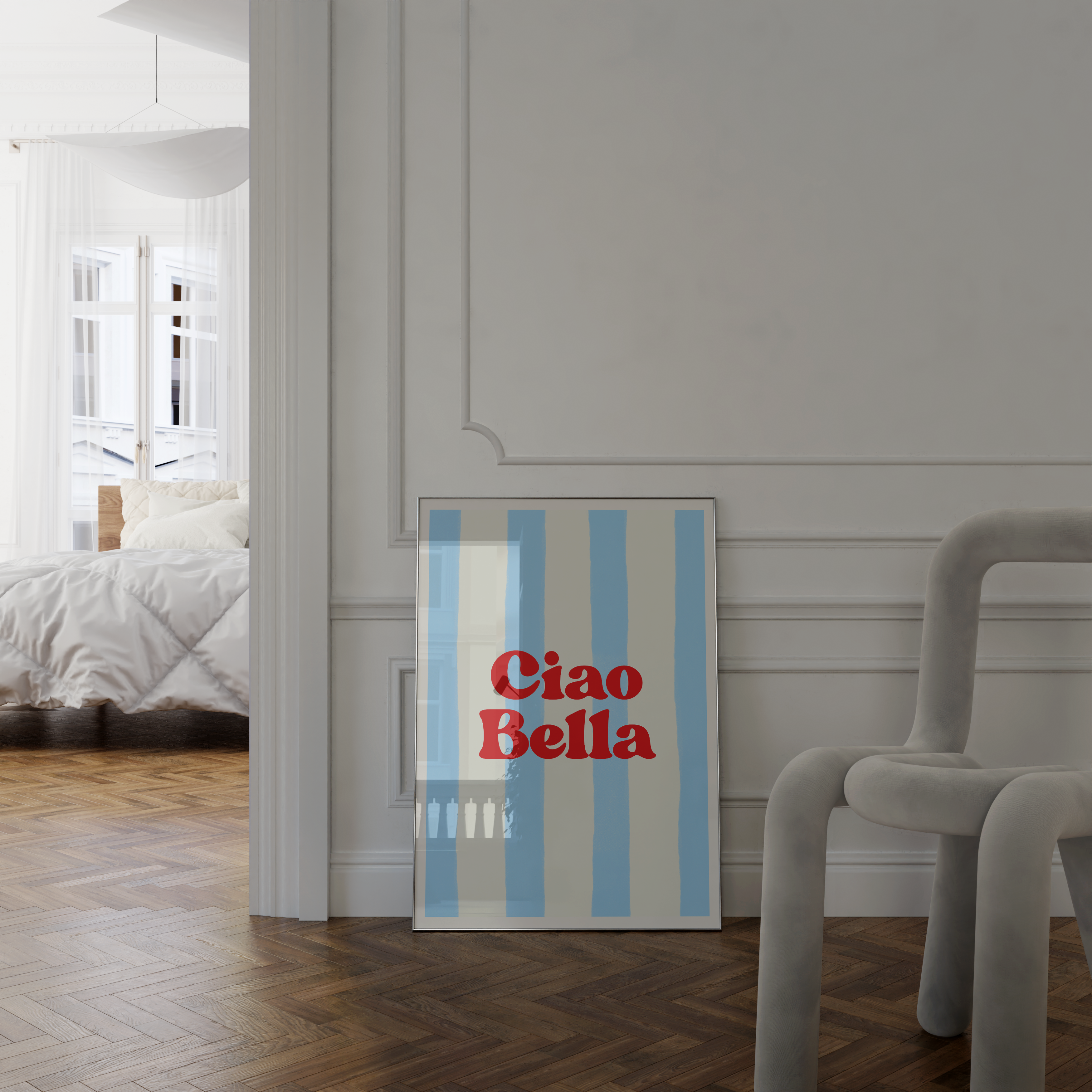 Trio of printable wall art for beachy bedroom decor — Ciao Bella, fish, and bikini.