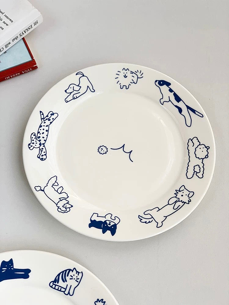 Cute kitten and puppy design ceramic plate for gifts