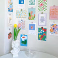 Preppy aesthetic wall collage with vibrant flower cards