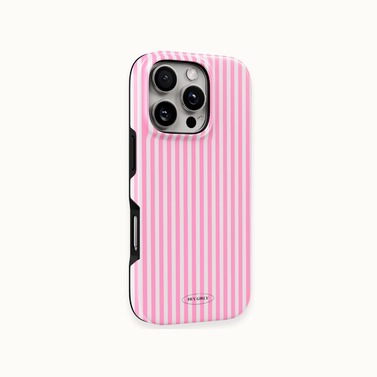 A pink and white vertically striped phone case with a black protective bumper edge, shown on a light cream background.