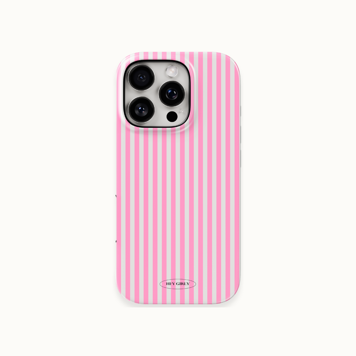 A pink and white vertically striped phone case with a small oval 'KEY GRAY' logo at the bottom, shown on a light off-white background.