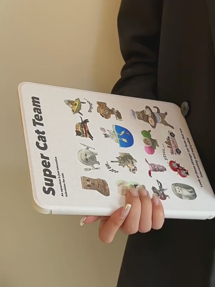 Super Cat Team iPad cover with hilarious cat graphics and a rotating stand. Aesthetic, protective, and TikTok-ready. Fits most iPads from 9.7" to 13".