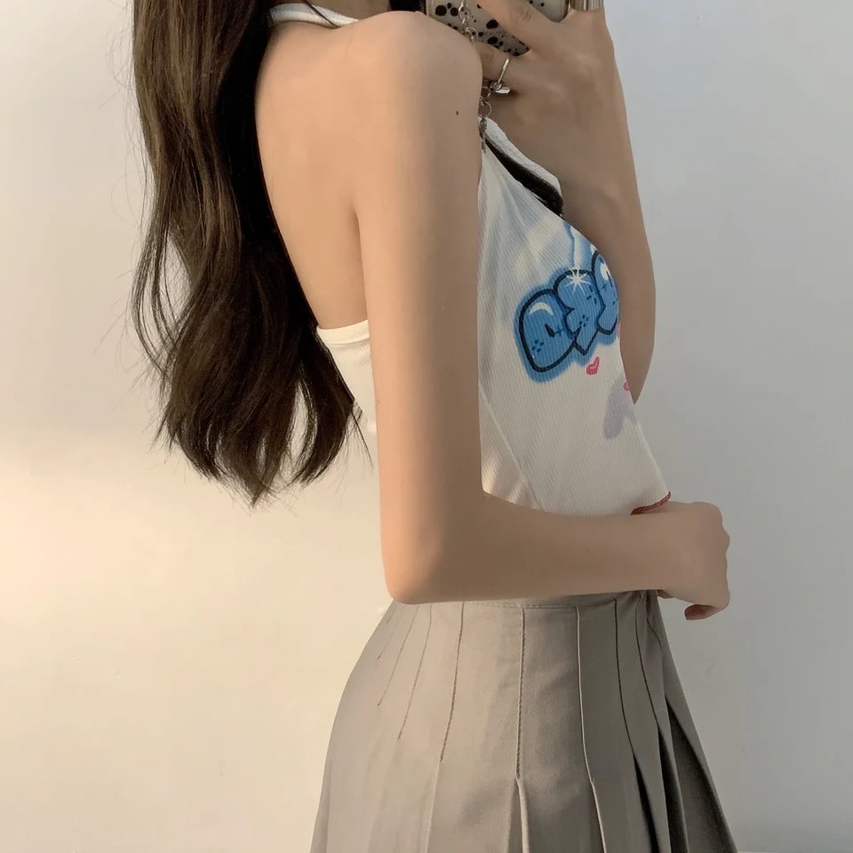 Korean heart printed crop top with bandage drawstring detail. Y2K halter tank perfect for retro summer streetwear looks.