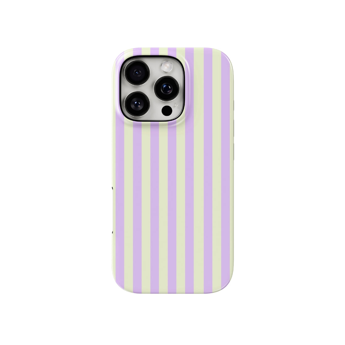 Phone case with purple and green vertical stripes on a white background