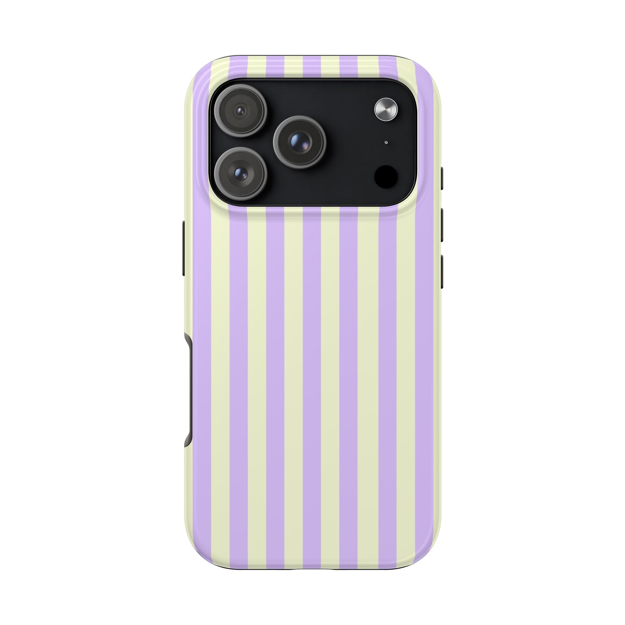 Phone case with purple and yellow vertical stripes on a white background