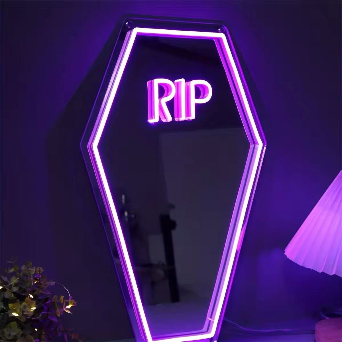 Coffin-shaped neon mirror with LED light, gothic decor centerpiece