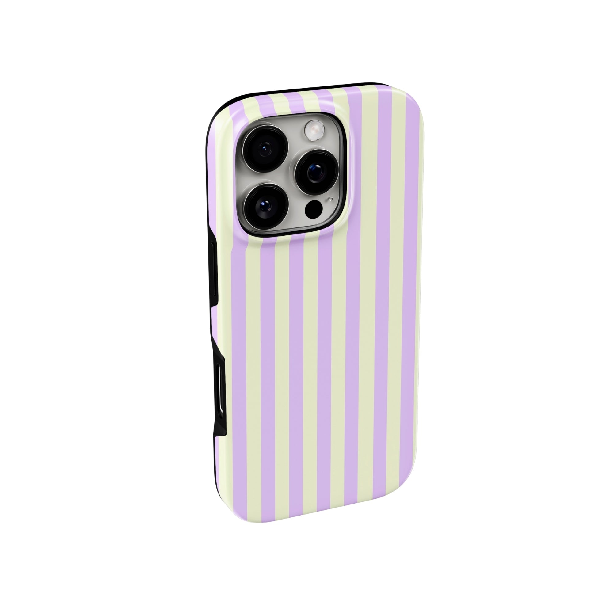 Phone case with purple and white striped design on a white background