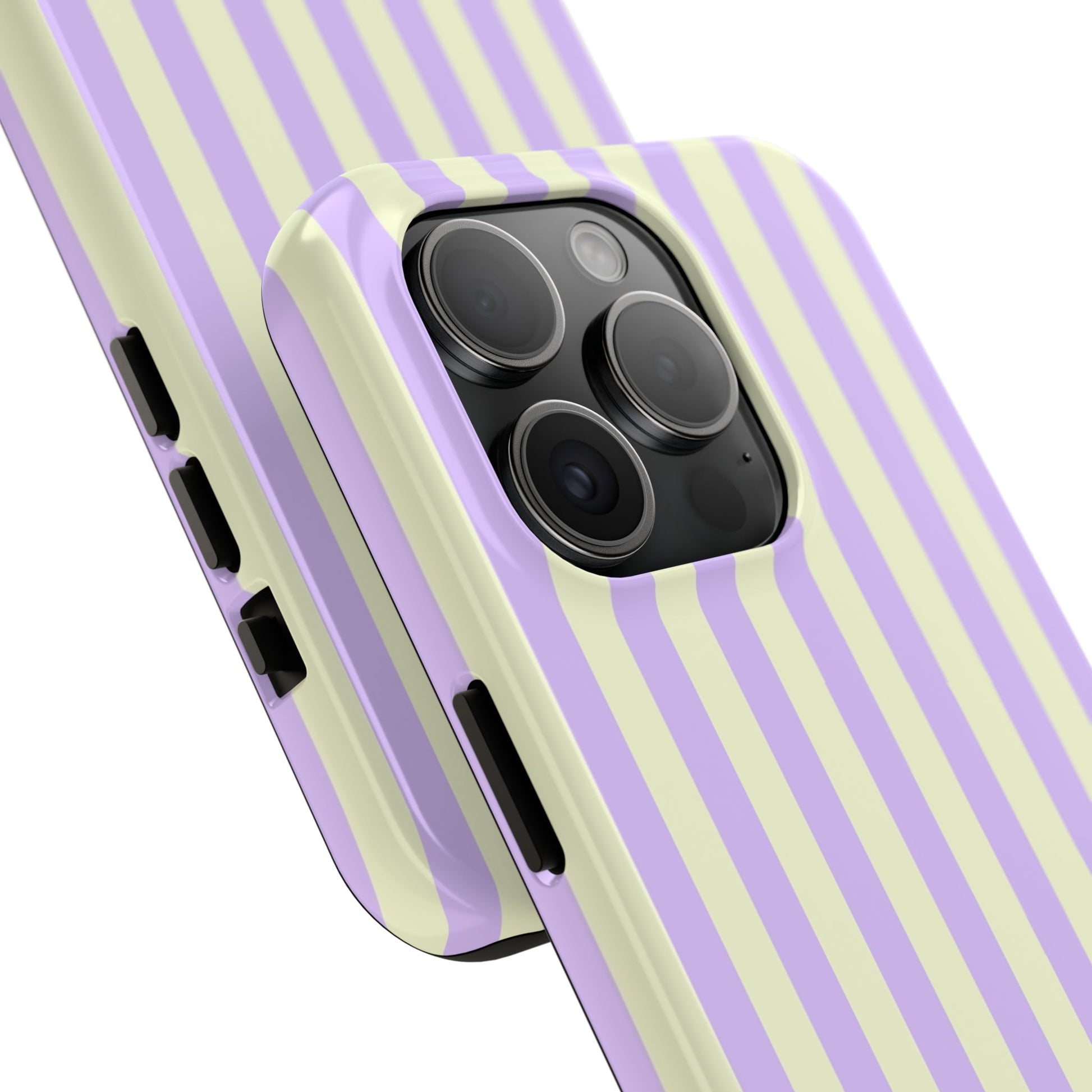 Phone case with purple and green striped design on a white background