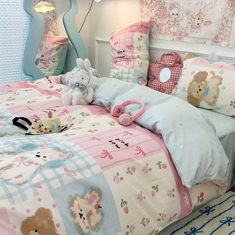Flat sheet from the Kawaii Puppy Bedding Set laid out to display the design.