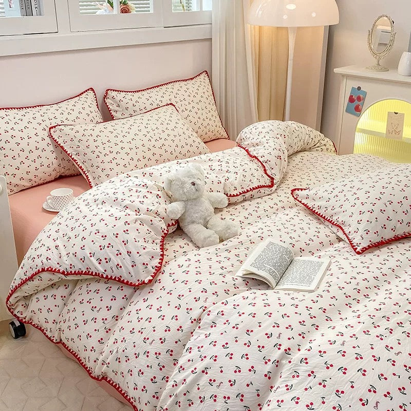 Retro cherry comforter set in a girl’s bedroom