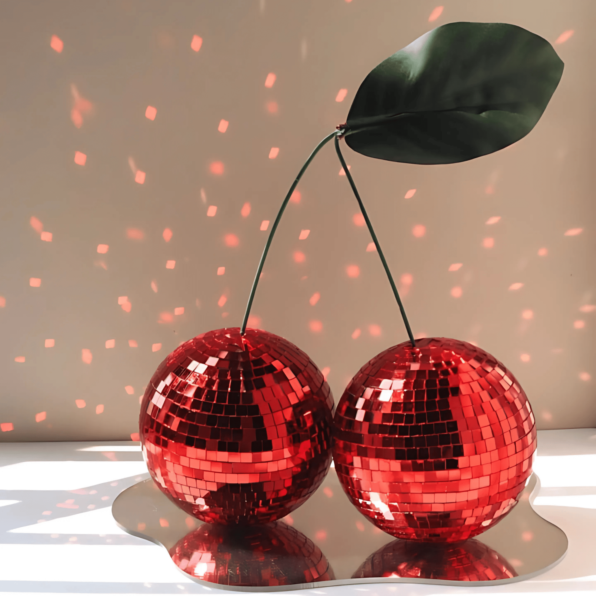 Cherry disco ball under direct light for glam sparkle