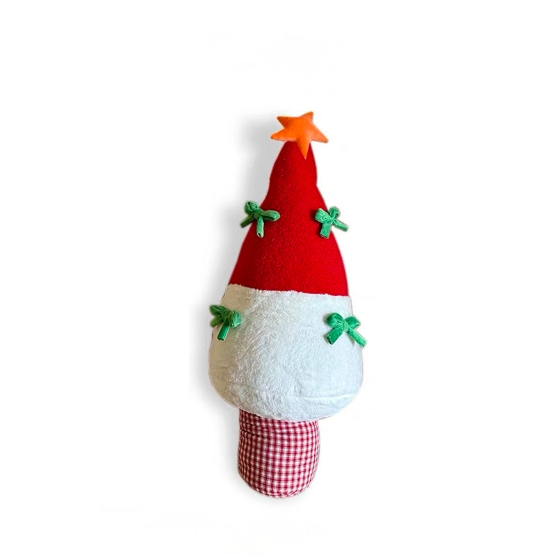 Red Christmas tree pillow with star topper and green bow details
