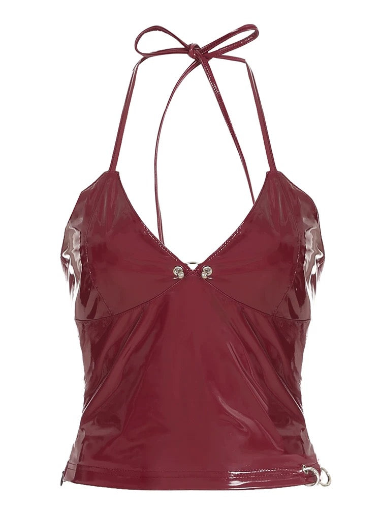 Bold red punk leather crop top with a slim silhouette and halter neckline for modern streetwear