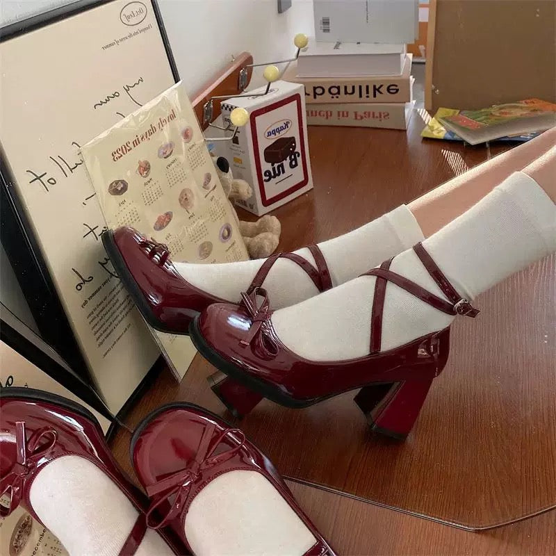 Burgundy Mary Jane Heels with Chunky High Heels and Adjustable Bow Strap for Gothic Aesthetic Outfit