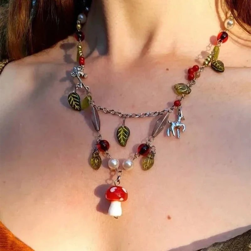 Red mushroom necklace with Amanita pendant