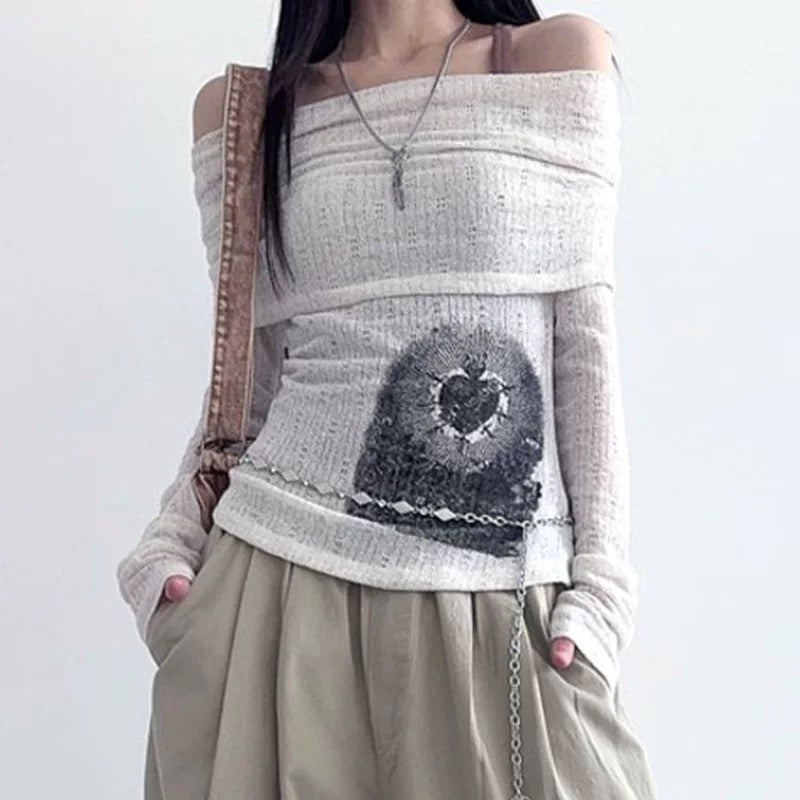 Retro aesthetic Y2K off shoulder long sleeve top