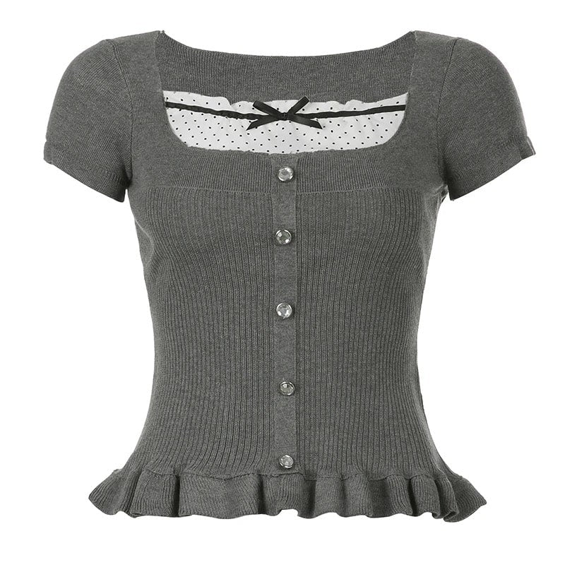 Y2K Patchwork T-shirt - Coquette Ribbon Crop Top with Ruffles