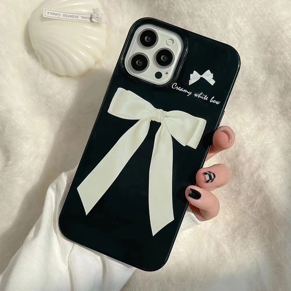 Korean Retro Bowknot Phone Cover – Cute Ribbon iPhone Case in Black and White for iPhone XR, XS Max, 15 Pro Max