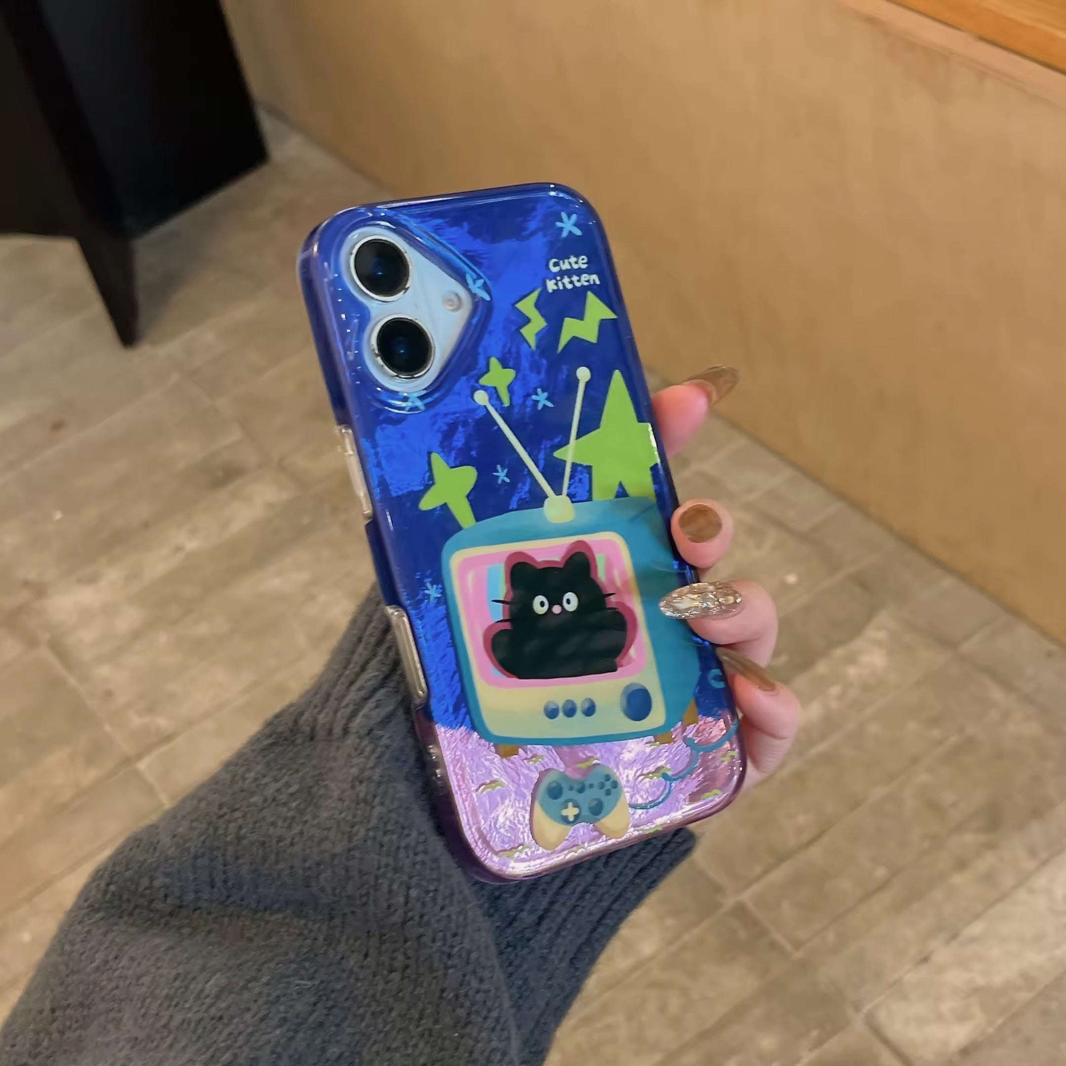 Cute Korean aesthetic iPhone cover with vibrant blue and lime accents