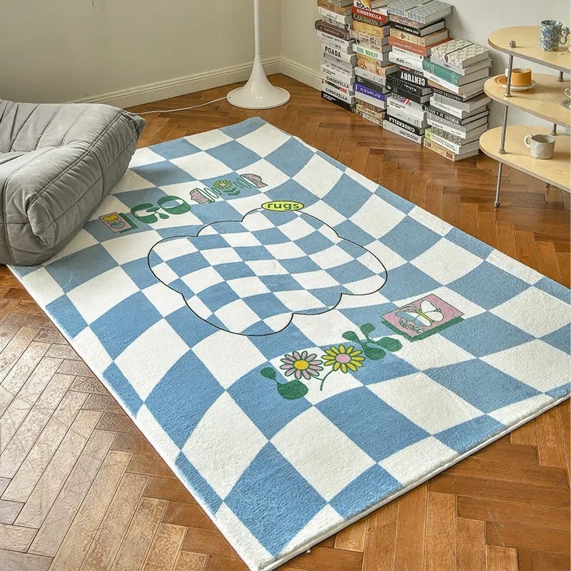 Retro Checkerboard Rug for Bedroom – Fluffy Danish Pastel Plaid Carpet