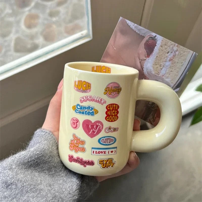 Y2K ceramic chubby mug with Nordic style. Great coffee cup for kitchen decoration, students, and Christmas gift ideas.