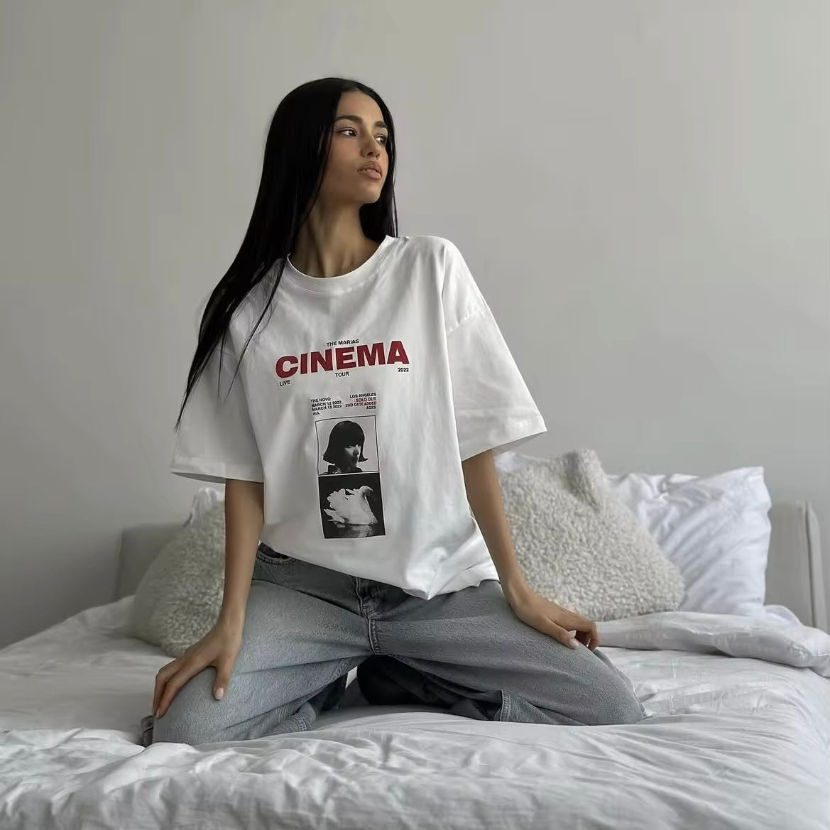 Soft cotton oversized cinema t-shirt with graffiti-inspired print. Casual Harajuku streetwear top for women’s summer wardrobe.