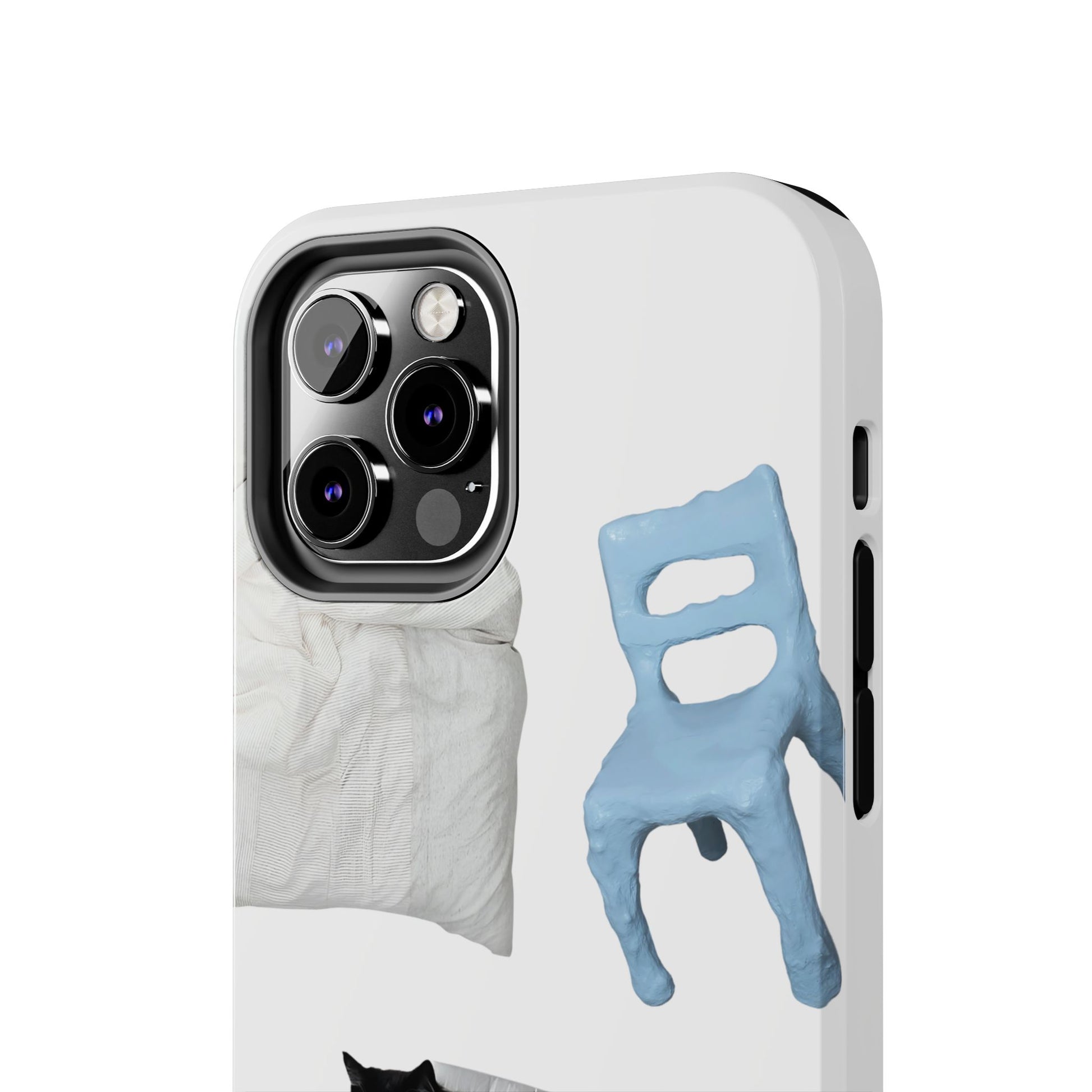 Phone case with marble design and blue chair illustration on a white background