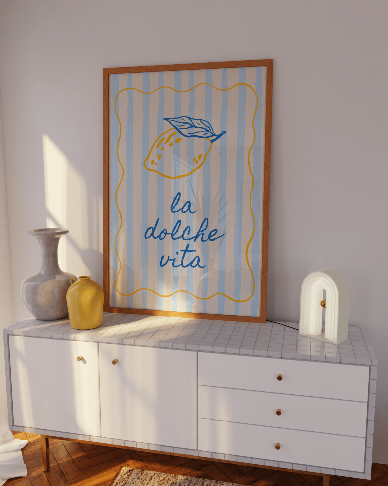 Kitchen printable with lemon and “Ciao Bella” in retro European style