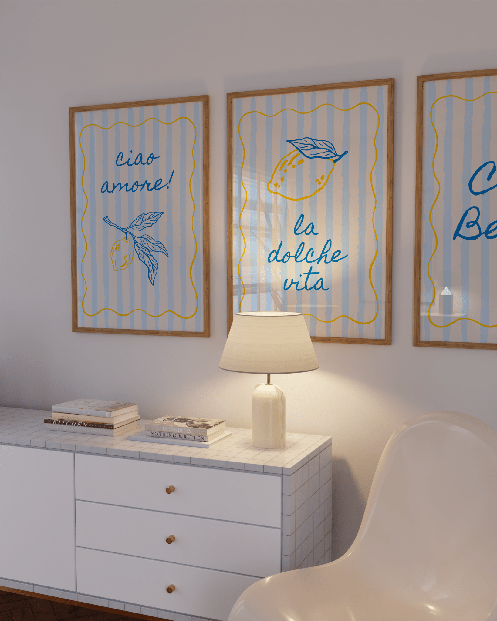 Ciao Bella typography print in dopamine decor style with citrus and blue accents