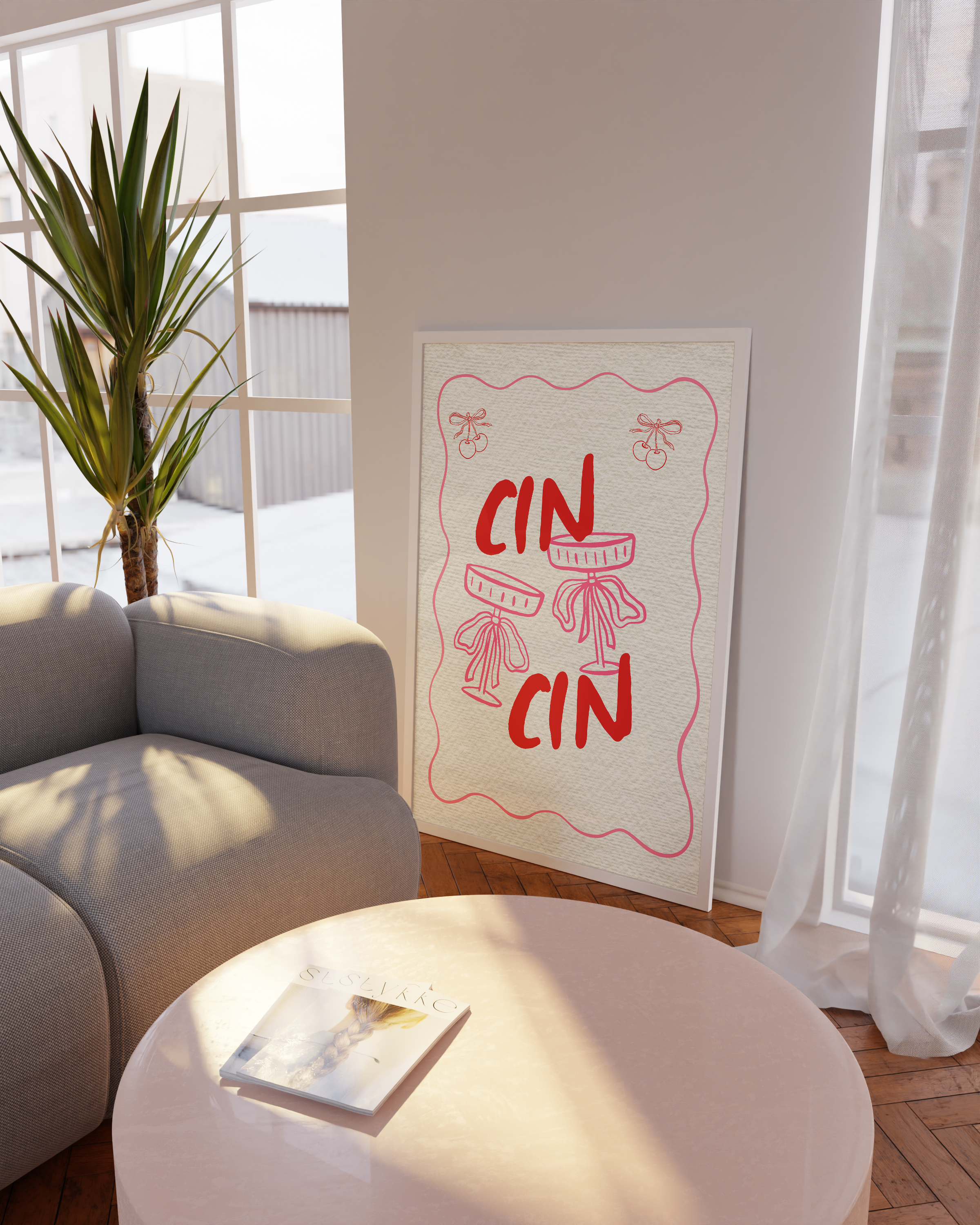 Bold cocktail art for dorm room or girls' dinner party decor with pink aesthetic