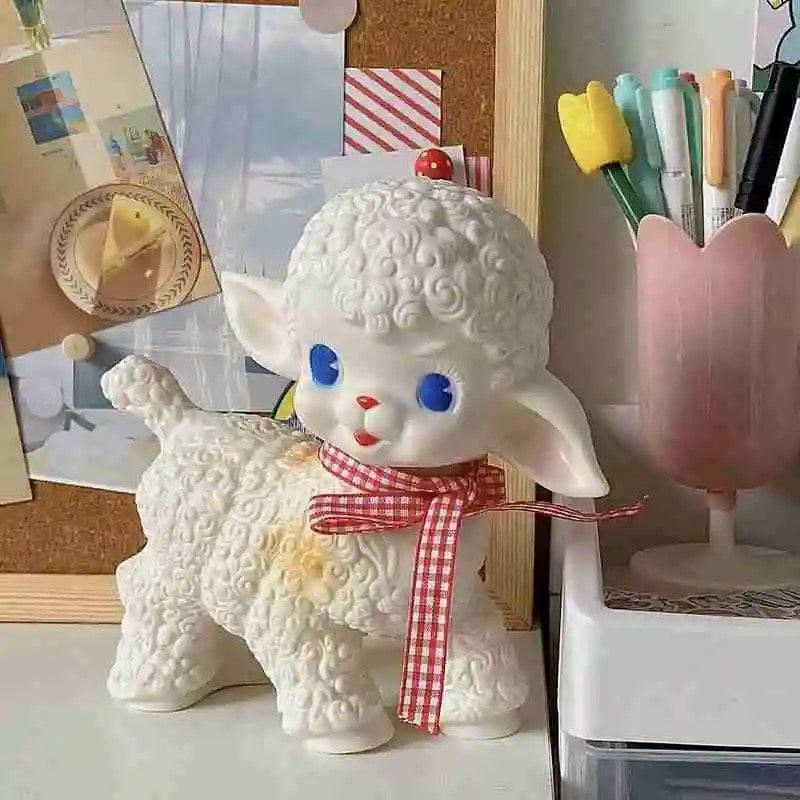 Vintage Sheep Doll for Desk Decor – Adorable Retro Figurine with Pastel Bow