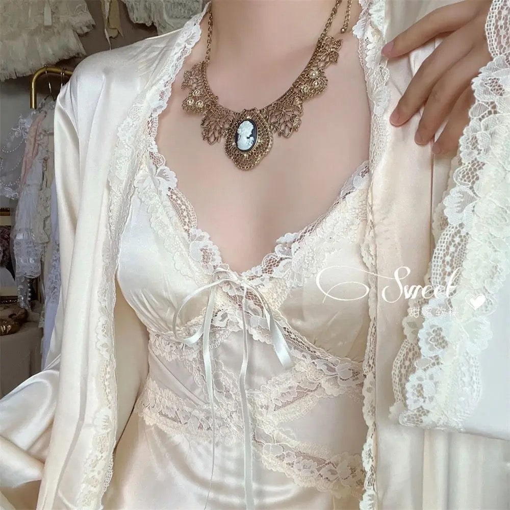 Retro silky lace slip dress with elegant lace-up design