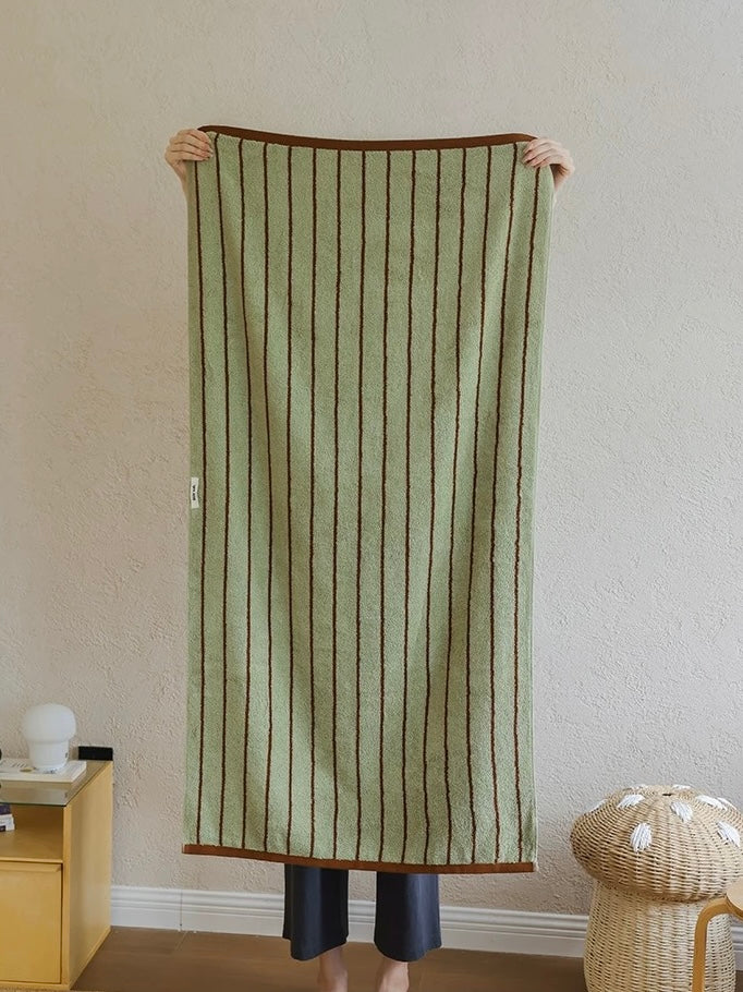 A person holds up a large rectangular textile, likely a towel or blanket, featuring vertical dark brown stripes on a light sage green background with brown borders, in a styled indoor room setting.