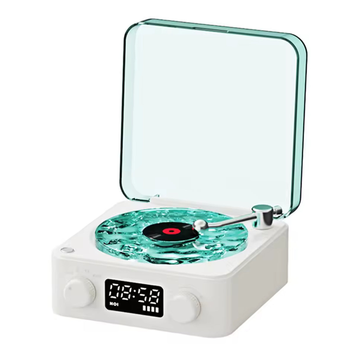 Small record player with a turquoise turntable and white base on a white background